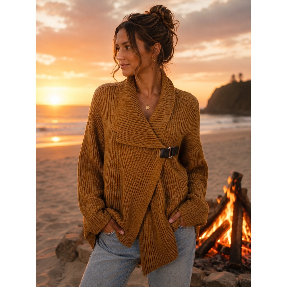 DVF Brooke 100% Wool Oversized Cardigan Ochre Leather Buckle P/S
